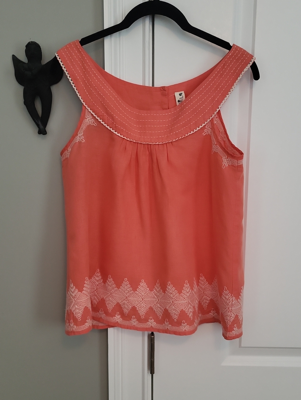 Anthropologie Floreat Embroidered Linen/Cotton Tank - Salmon/Ivory - 6